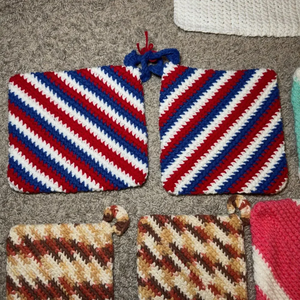 Hand Crochet Hot Pads Pink Blue Brown USA Kitchen Farmhouse Cottage LOT of 9